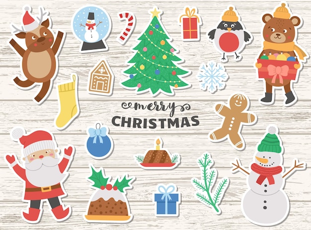 Paquete grande de pegatinas de Navidad de vector sobre fondo de madera. Clipart tradicional. Colección de año nuevo con Santa Claus, ciervo, abeto, presente. Conjunto de iconos de estilo plano de vacaciones de invierno