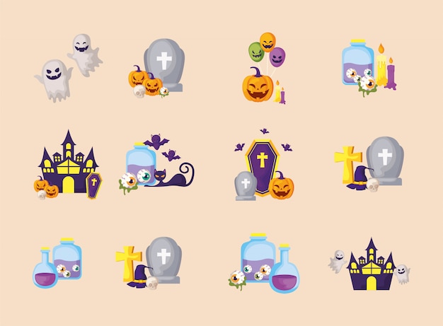 Vector paquete halloween con set de iconos