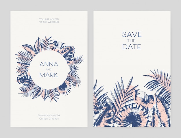 Paquete de hermosas plantillas para la tarjeta Save the Date e invitación de boda exótica decorada con follaje de plantas de la selva tropical dibujadas a mano con líneas de contorno. Ilustración de verano