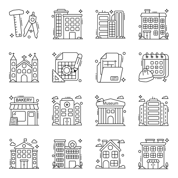 Paquete de herramientas de construcción con íconos lineales