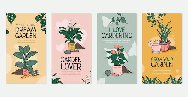 Vector paquete de historias de instagram de hobby de jardinería dibujado a mano