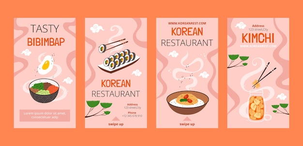 Paquete de historias de instagram de restaurante coreano de diseño plano