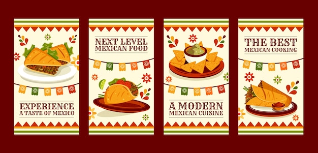 Vector paquete de historias de instagram de restaurante mexicano de diseño plano