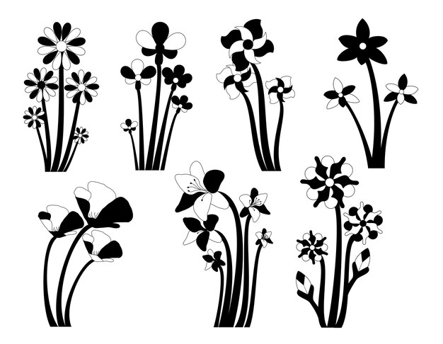 Paquete de hojas florales y siluetas aisladas de vectores aislados de flores.