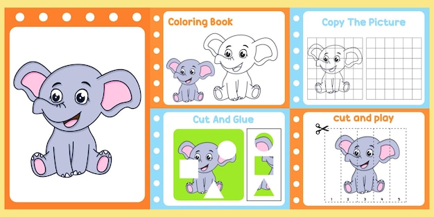 Paquete de hojas de trabajo para niños con elefante vector libro de estudio para niños