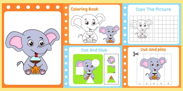 Paquete de hojas de trabajo para niños con elefante vector libro de estudio para niños