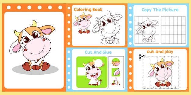 Paquete de hojas de trabajo para niños con libro de estudio de vaca vector children39s