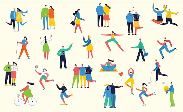 Paquete de hombres y mujeres de dibujos animados que realizan actividades al aire libre en la calle de la ciudad en el estilo plano