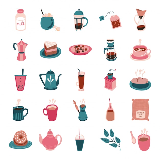 Paquete de icono de estilo de forma libre de café y té