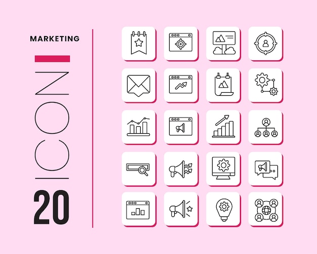 Paquete de iconos de 20 líneas de marketing