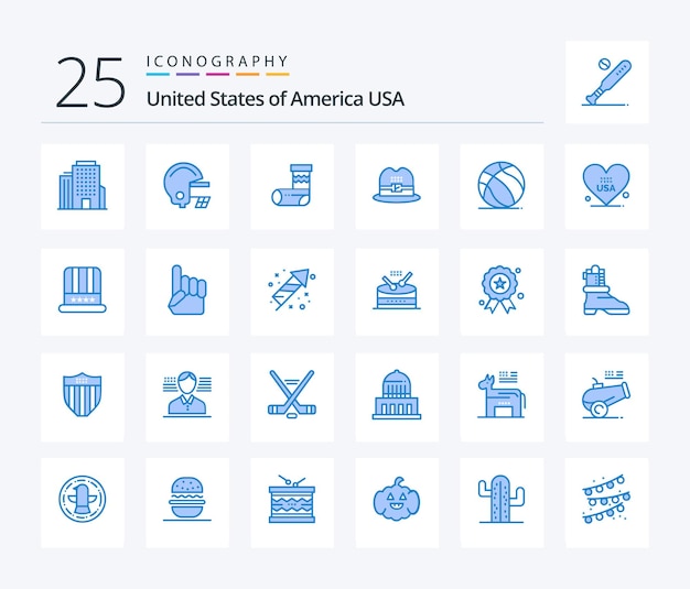 Paquete de íconos de 25 colores azules de EE. UU. que incluye la bola de fiesta americana del corazón