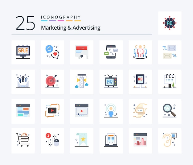 Paquete de iconos de 25 colores planos de marketing y publicidad que incluye un mensaje de comunicación de marketing de conexión de marketing