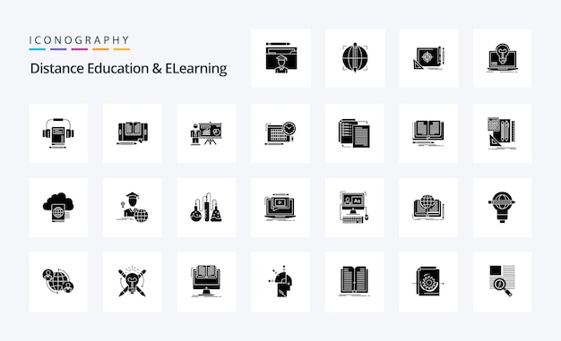 Paquete de iconos de 25 glifos sólidos de educación a distancia y aprendizaje electrónico