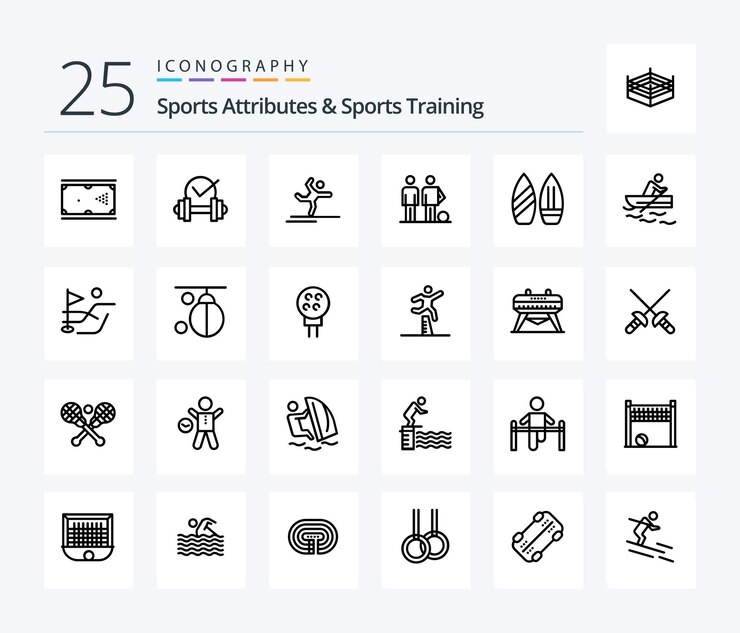 Paquete de íconos de 25 líneas de atributos deportivos y entrenamiento deportivo que incluye estiramiento de pelotas deportivas de fútbol
