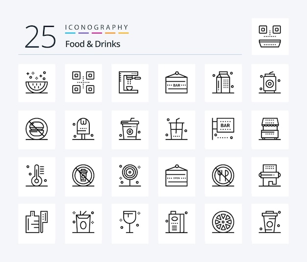 Paquete de íconos de 25 líneas de bebidas de alimentos que incluye letrero de barra de entretenimiento comida japonesa comida de barra