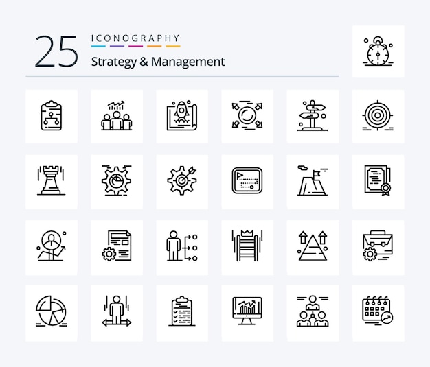 Paquete de iconos de 25 líneas de estrategia y gestión que incluye gráfico de círculo de dirección para promover el inicio