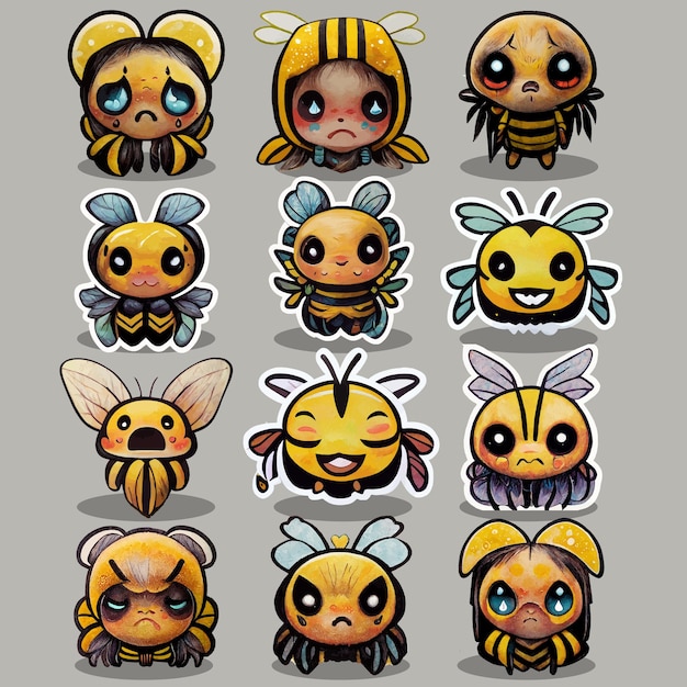 Paquete de íconos de abejas felices, tristes, asustadas, enojadas, llorando, abejas felices chibi kawaii