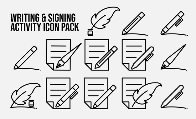 Paquete de iconos para la actividad de escritura y firma