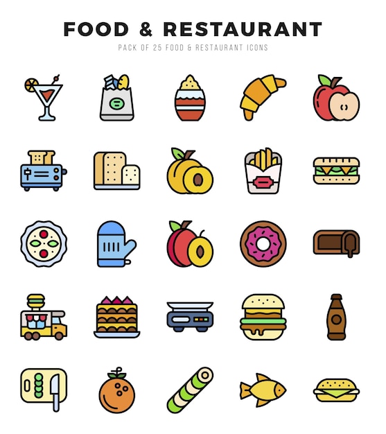 El paquete de iconos de alimentos y restaurantes es un conjunto de iconos lineales de colores.