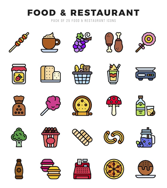 El paquete de iconos de alimentos y restaurantes para la presentación móvil de su sitio web y el diseño de su logotipo