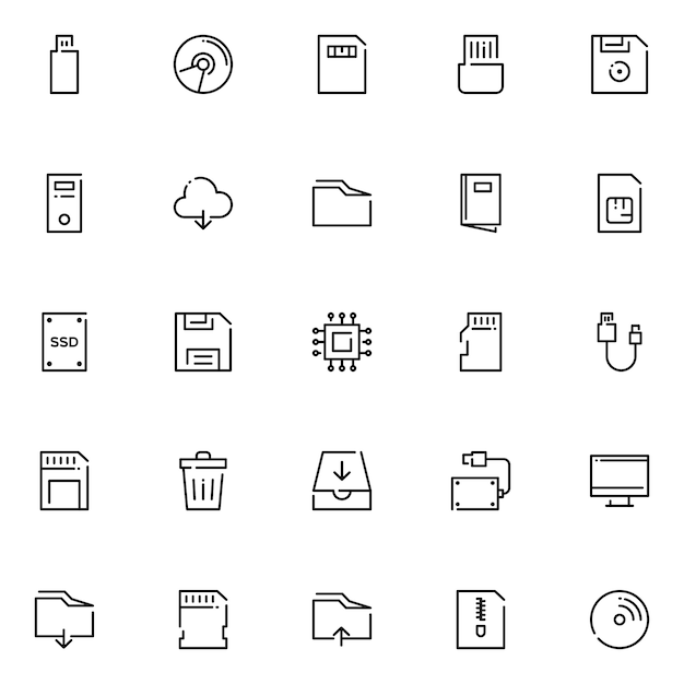 Vector paquete de iconos de almacenamiento de datos, con estilo de icono de esquema