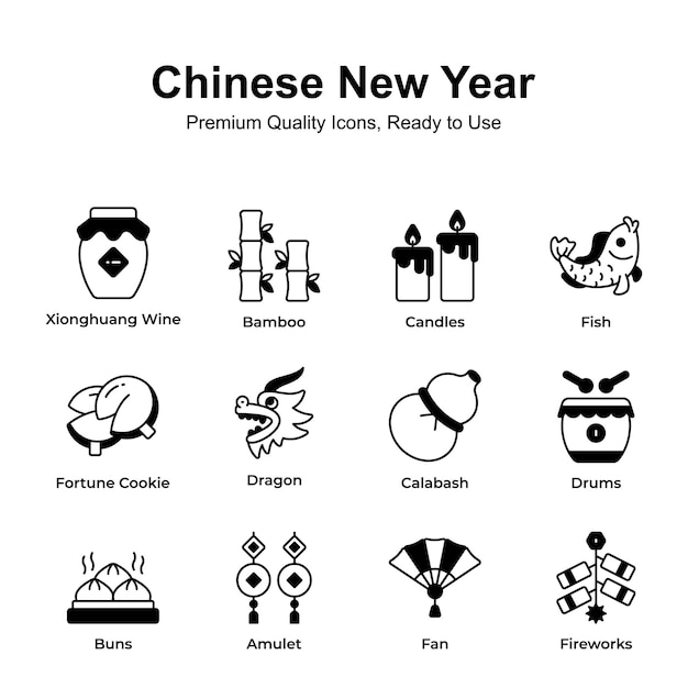 Paquete de iconos del año nuevo chino en estilo de moda
