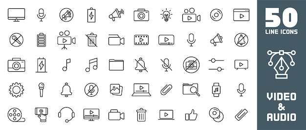 Paquete de iconos de audio y video Iconos de concepto de audio y video Conjunto de iconos de línea delgada Conjunto de colección de iconos planos Iconos vectoriales simples