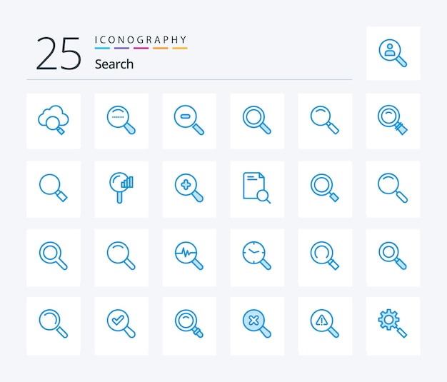 Vector paquete de iconos de búsqueda de 25 colores azules que incluye búsqueda de zoom de servicio ampliado