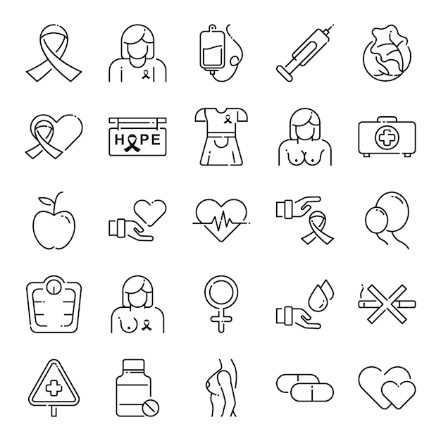 Paquete de iconos de cáncer de brest, con estilo de icono de contorno