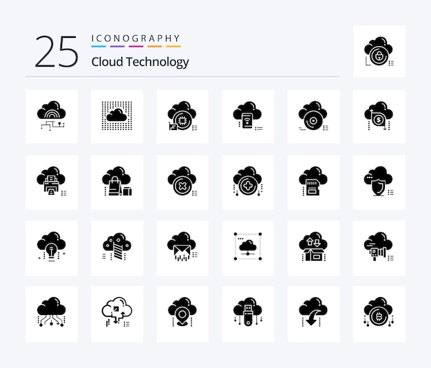 Paquete de iconos cloud technology 25 solid glyph que incluye chip wifi seguro móvil de datos