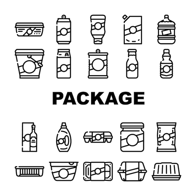 Paquete para iconos de colección de productos Conjunto Paquete vectorial para salsa de tomate y mayonesa Contenedor de botella de leche y aceite para huevos y pescado enlatado Ilustraciones de contorno negro