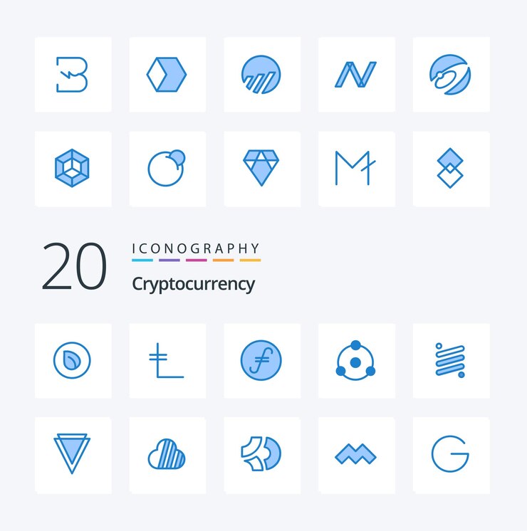 Vector paquete de iconos de color azul de 20 criptomonedas como moneda criptográfica moneda justa ion criptográfico