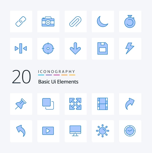Paquete de iconos de color azul de 20 elementos básicos de interfaz de usuario como dirección de flecha dirección arriba filam