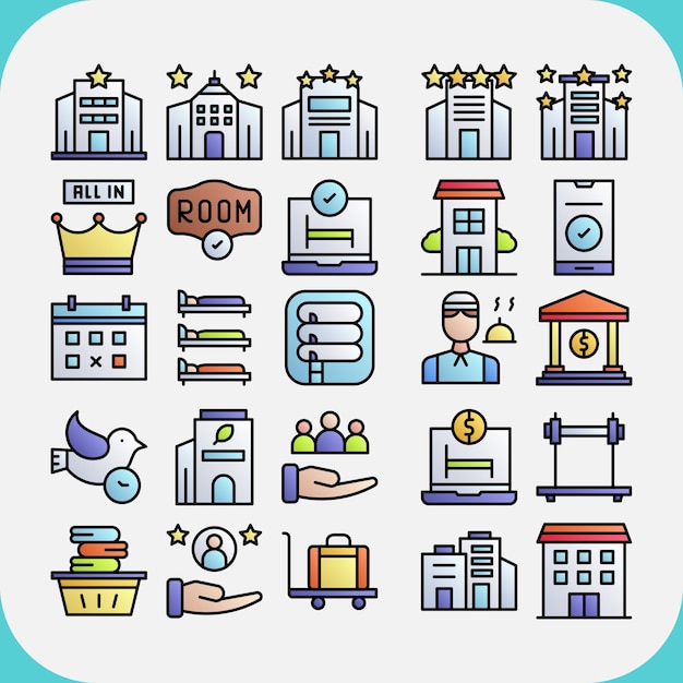 El paquete de iconos de color de la línea vectorial de gestión de hoteles se puede usar para hoteles