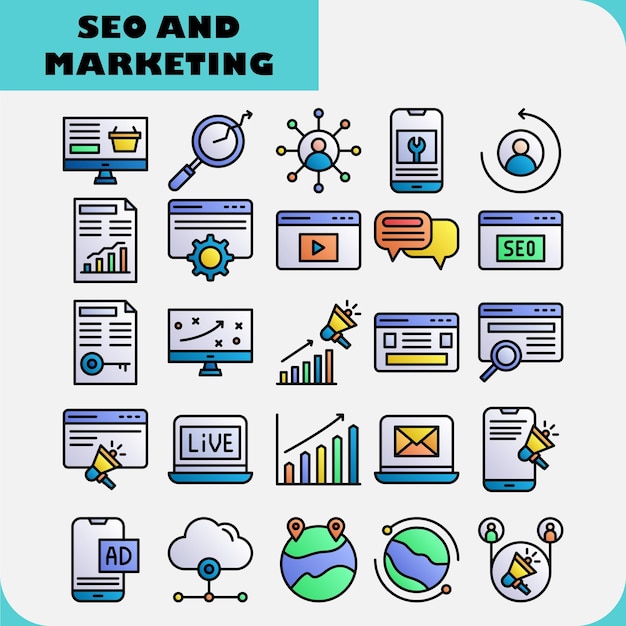 El paquete de iconos de color de la línea vectorial de SEO y marketing se puede utilizar para el marketing
