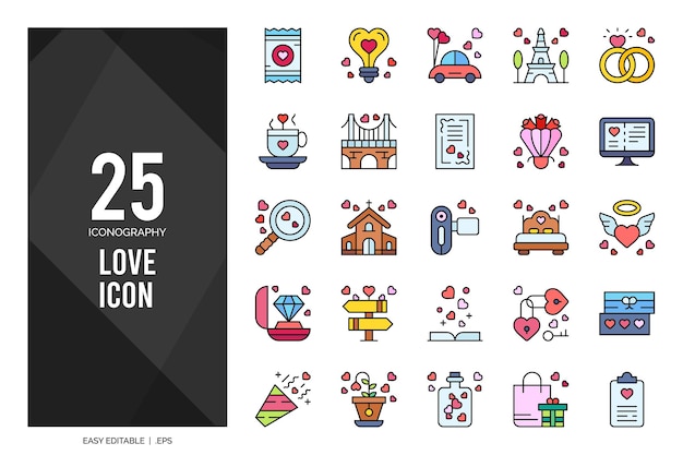 Paquete de iconos de color lineal de 25 amor ilustración vectorial