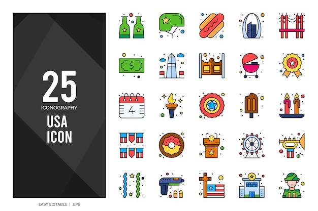 Paquete de iconos de color lineal de EE. UU. 25 ilustración vectorial