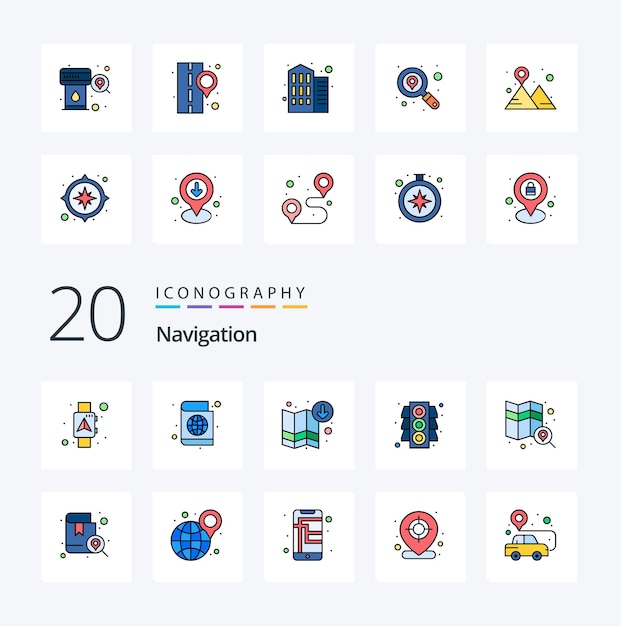 Paquete de iconos de color lleno de línea de navegación 20 como navegación de señal de viaje de tráfico de mapa