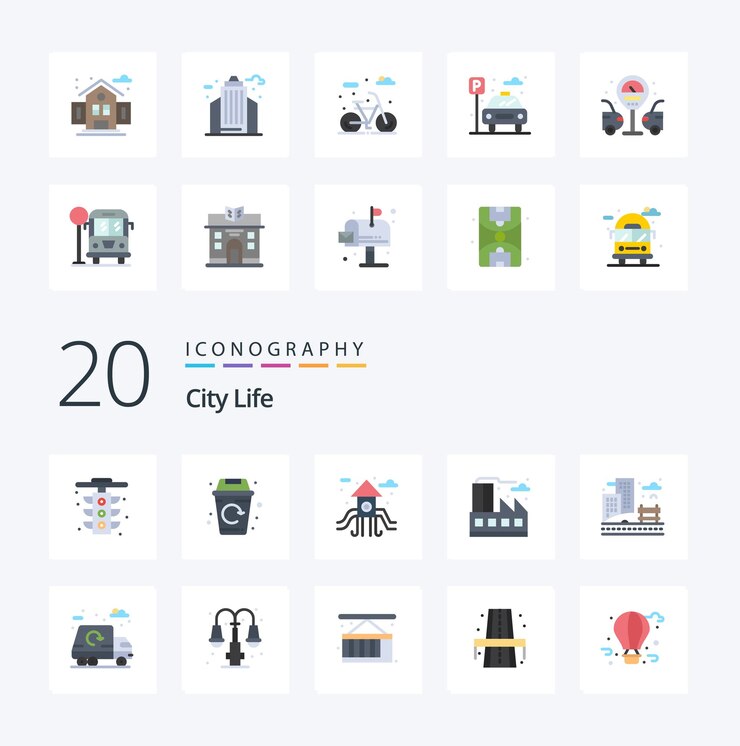 Paquete de iconos de color plano de 20 City Life como park life city city life