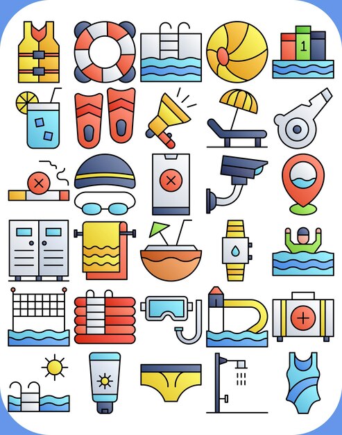 El paquete de iconos de colores de la línea de la piscina