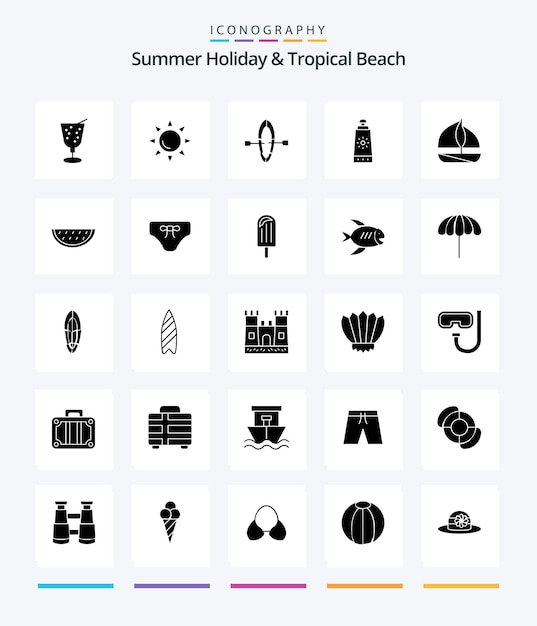 Paquete de iconos Creative Beach 25 Glyph Solid Black, como frutas de verano, playa, barco, playa