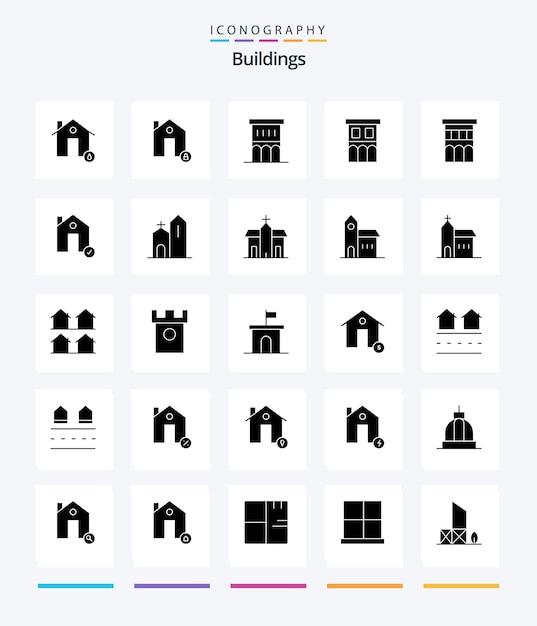 Paquete de iconos creative buildings 25 glyph solid black, como edificios completos, casa de residencia de bloqueo