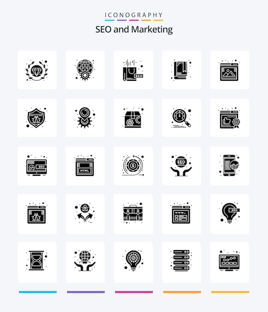 Paquete de iconos Creative Seo 25 Glyph Solid Black como el libro de marcadores complejo de la galería seo