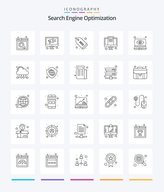 Paquete de iconos creative seo 25 outline, como la computación web, seguimiento cibernético, seguimiento de etiquetas, seo ocular