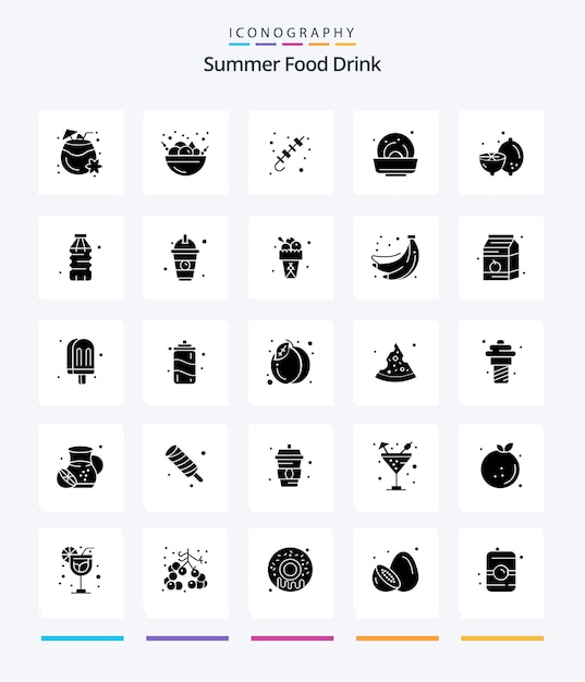 Paquete de iconos Creative Summer Food Drink 25 Glyph Solid Black como verano limón barbacoa verano mejillón