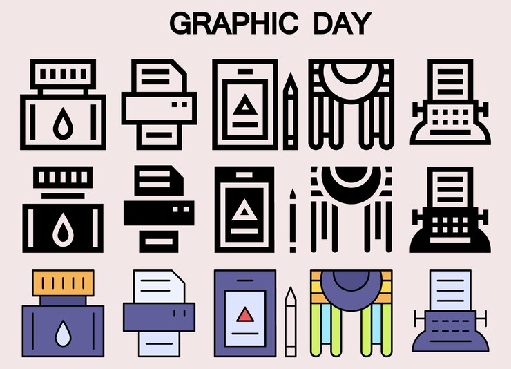 Vector el paquete de iconos del día gráfico mundial tiene un diseño plano lleno de líneas vectoriales