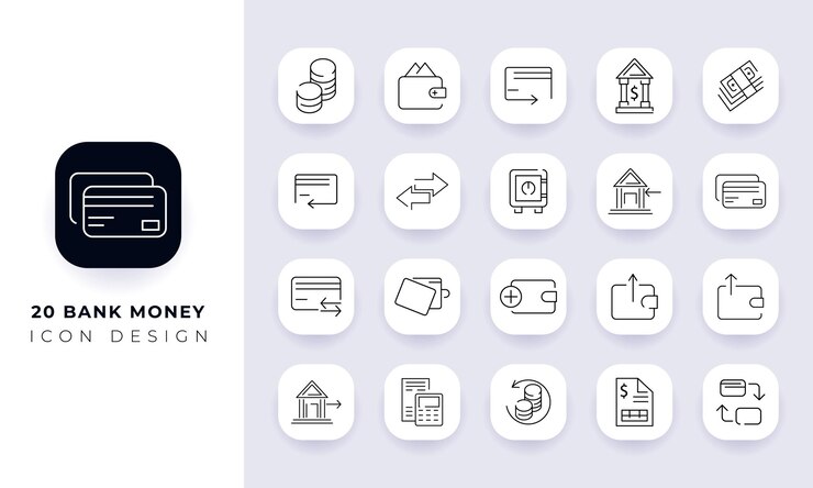 El paquete de iconos de dinero del banco de arte de línea