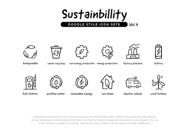 Paquete de iconos de doodle de sostenibilidad, energía verde renovable y ecología, iconos de líneas dibujadas a mano