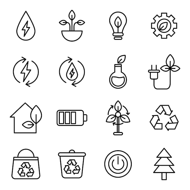 Vector paquete de iconos de energía verde, estilo de icono de contorno