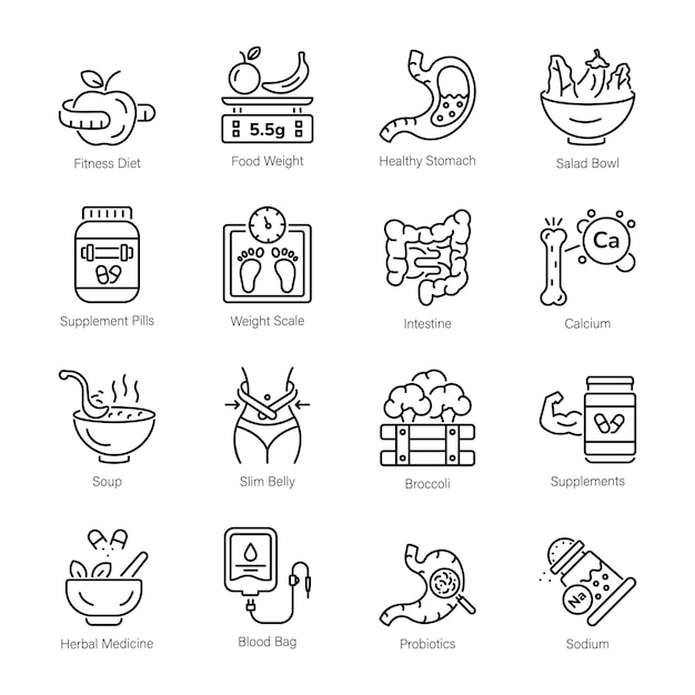 Paquete de íconos de estilo de la línea de dieta orgánica